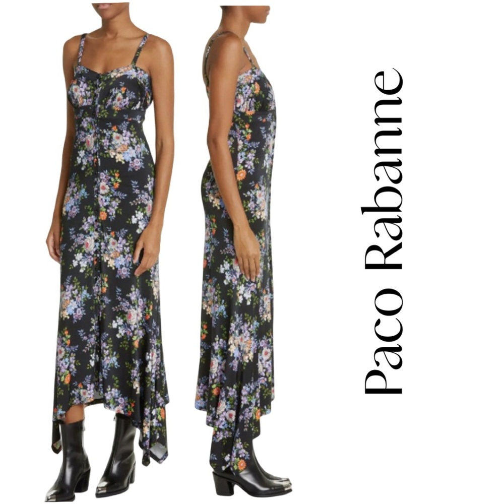 NEW Paco Rabanne Asymmetrical Black Floral Maxi Dress Sz US2